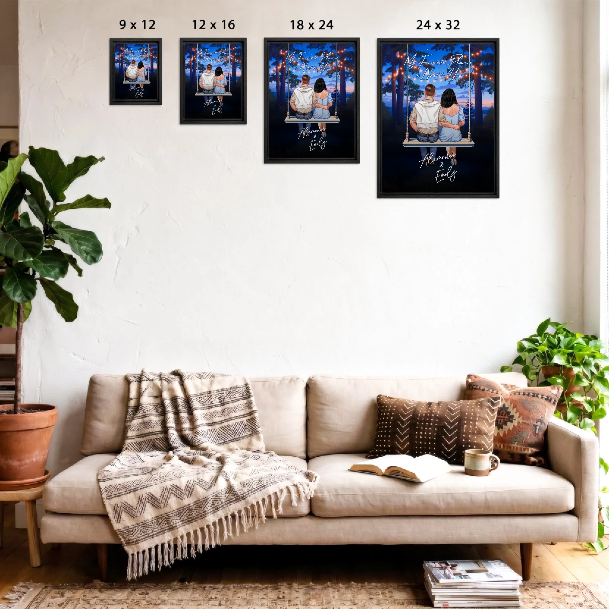 My Favorite Place personalized couple framed canvas of two people sitting together on a swing under string lights at night, with a custom romantic quote above them and handwritten names displayed below — LOVECOUPLET