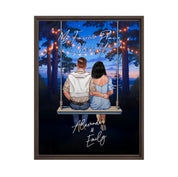 My Favorite Place personalized couple framed canvas of two people sitting together on a swing under string lights at night, with a custom romantic quote above them and handwritten names displayed below — LOVECOUPLET