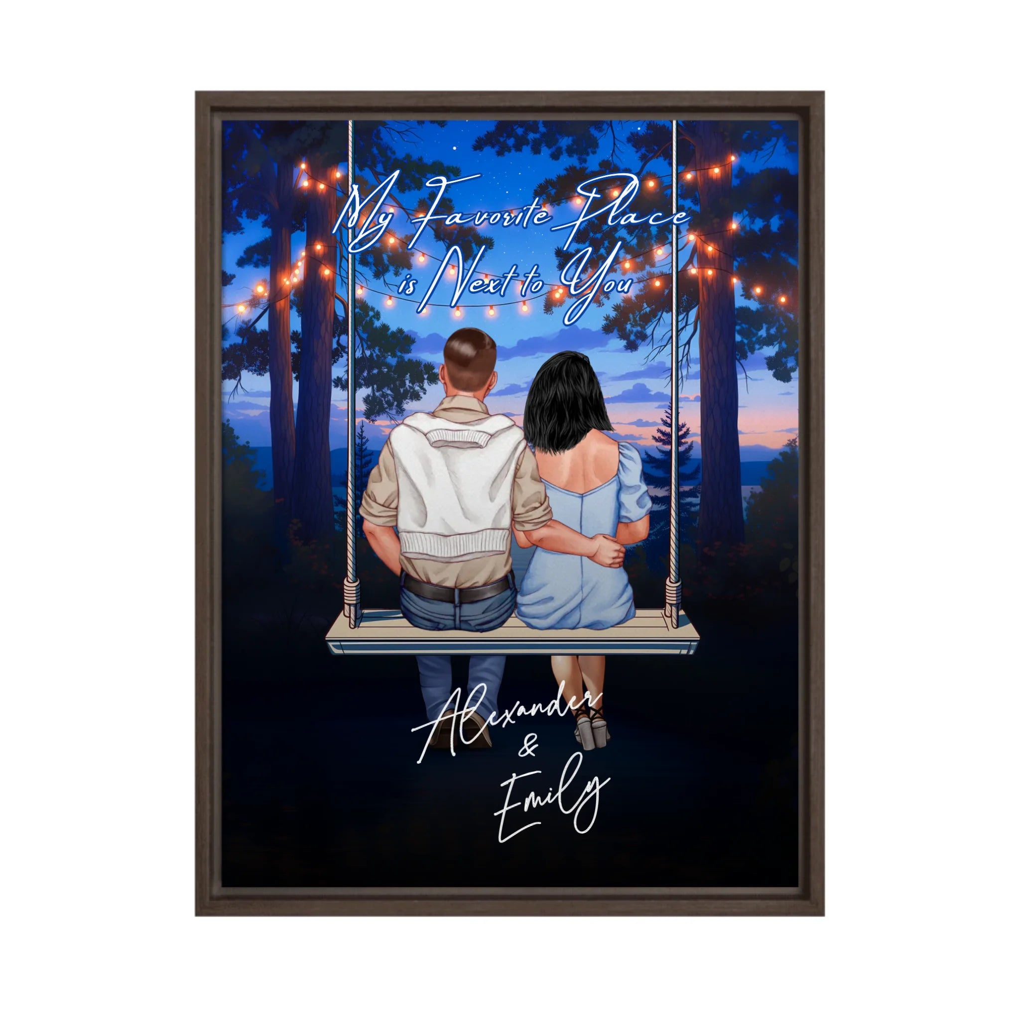 My Favorite Place personalized couple framed canvas of two people sitting together on a swing under string lights at night, with a custom romantic quote above them and handwritten names displayed below — LOVECOUPLET