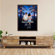 My Favorite Place personalized couple framed canvas of two people sitting together on a swing under string lights at night, with a custom romantic quote above them and handwritten names displayed below — LOVECOUPLET