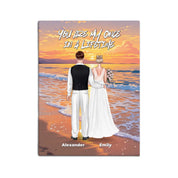 Once in a Lifetime personalized wedding couple canvas of two people standing together on a golden beach at sunset, with a custom romantic quote above them, names displayed at the bottom, and personalized wedding characters — LOVECOUPLET
