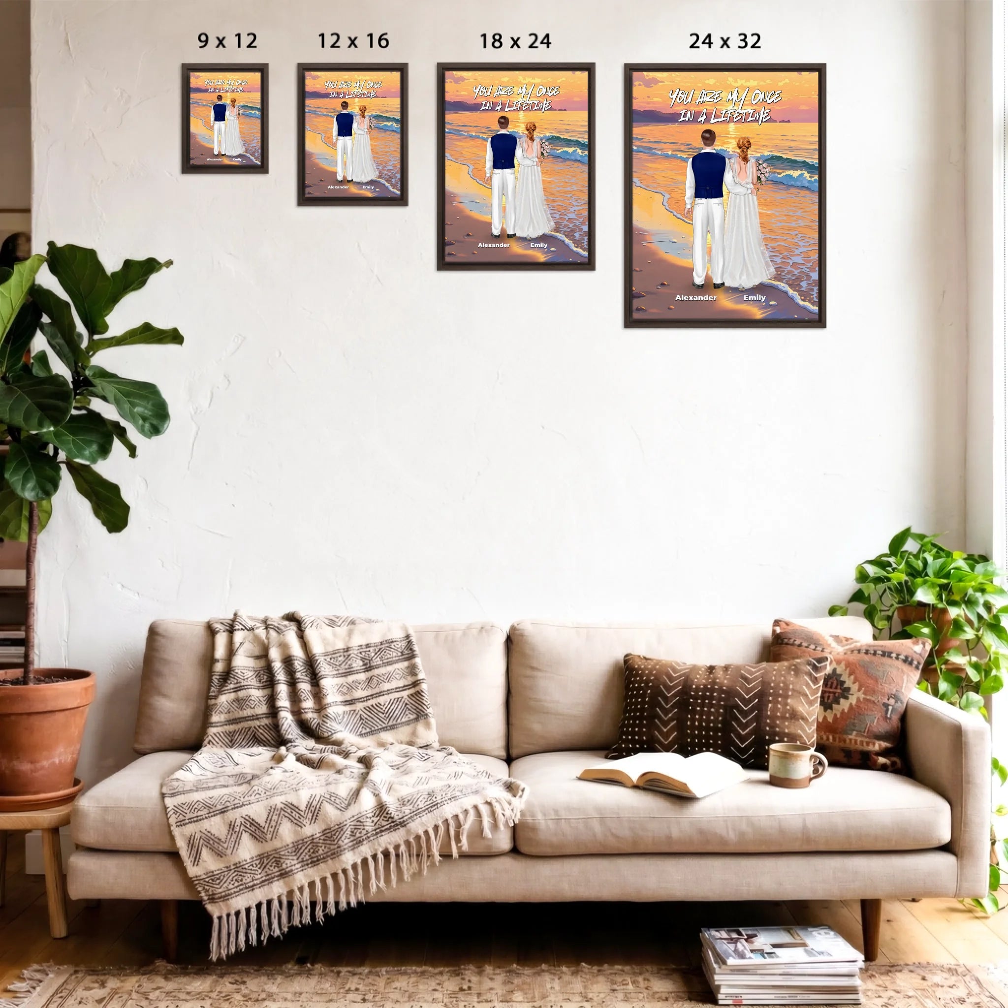 Once in a Lifetime personalized wedding couple framed canvas of two people standing together on a golden beach at sunset, with a custom romantic quote above them, names displayed at the bottom, and personalized wedding characters — LOVECOUPLET