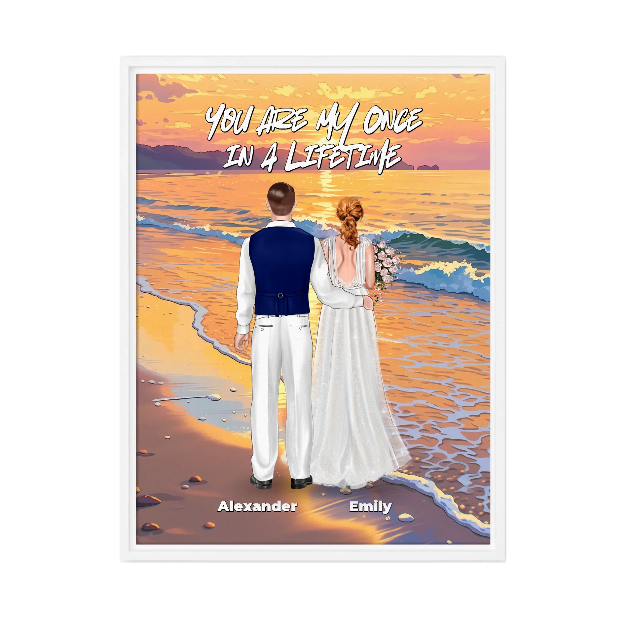 Once in a Lifetime personalized wedding couple framed canvas of two people standing together on a golden beach at sunset, with a custom romantic quote above them, names displayed at the bottom, and personalized wedding characters — LOVECOUPLET