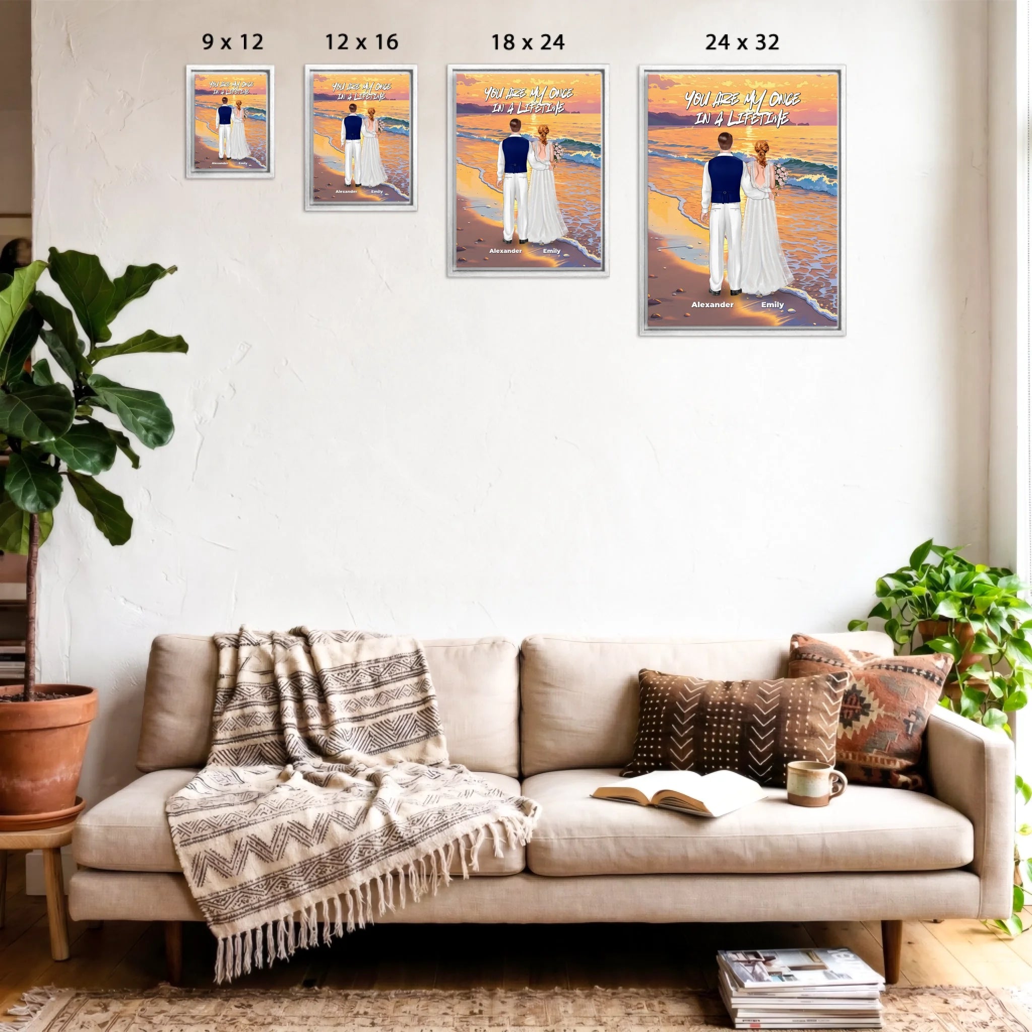 Once in a Lifetime personalized wedding couple framed canvas of two people standing together on a golden beach at sunset, with a custom romantic quote above them, names displayed at the bottom, and personalized wedding characters — LOVECOUPLET