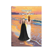 Once in a Lifetime personalized lesbian wedding couple canvas of two people standing together on a golden beach at sunset, with a custom romantic quote above them, names displayed at the bottom, and personalized wedding characters — LOVECOUPLET