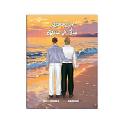 Once in a Lifetime personalized gay wedding couple canvas of two people standing together on a golden beach at sunset, with a custom romantic quote above them, names displayed at the bottom, and personalized wedding characters — LOVECOUPLET