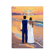 Once in a Lifetime personalized wedding couple canvas of two people standing together on a golden beach at sunset, with a custom romantic quote above them, names displayed at the bottom, and personalized wedding characters — LOVECOUPLET