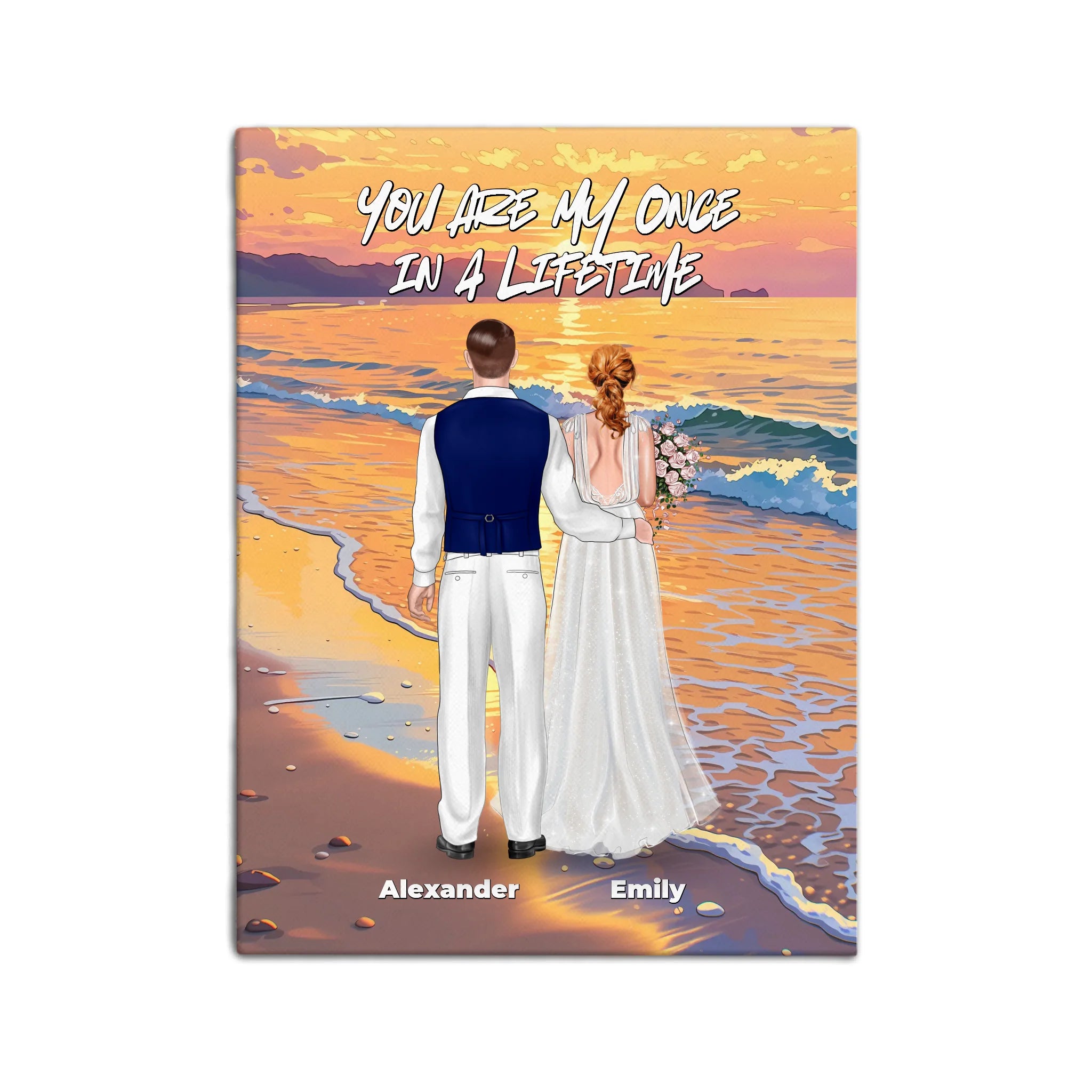 Once in a Lifetime personalized wedding couple canvas of two people standing together on a golden beach at sunset, with a custom romantic quote above them, names displayed at the bottom, and personalized wedding characters — LOVECOUPLET