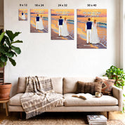 Once in a Lifetime personalized wedding couple canvas of two people standing together on a golden beach at sunset, with a custom romantic quote above them, names displayed at the bottom, and personalized wedding characters — LOVECOUPLET