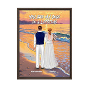 Once in a Lifetime personalized wedding couple framed canvas of two people standing together on a golden beach at sunset, with a custom romantic quote above them, names displayed at the bottom, and personalized wedding characters — LOVECOUPLET
