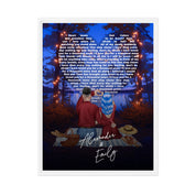 Our Song Under the Stars personalized couple framed canvas of two people sitting together by the water at night under glowing string lights, with custom lyrics shaped into a heart above them and handwritten names displayed at the bottom — LOVECOUPLET