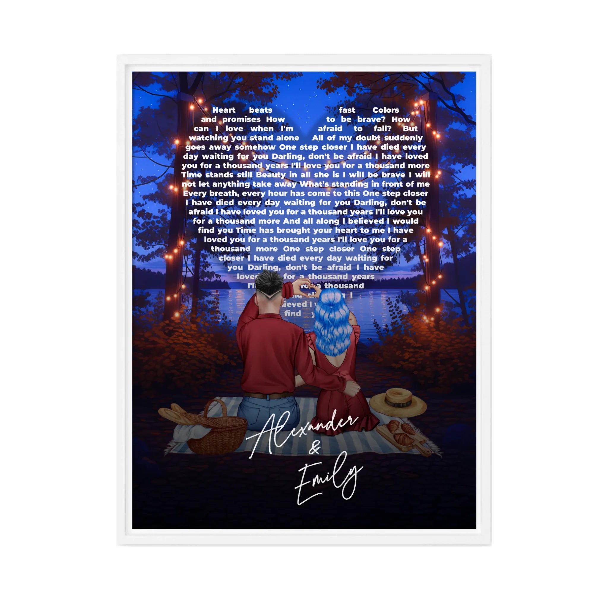 Our Song Under the Stars personalized couple framed canvas of two people sitting together by the water at night under glowing string lights, with custom lyrics shaped into a heart above them and handwritten names displayed at the bottom — LOVECOUPLET