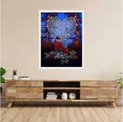 Our Song Under the Stars personalized couple framed canvas of two people sitting together by the water at night under glowing string lights, with custom lyrics shaped into a heart above them and handwritten names displayed at the bottom — LOVECOUPLET