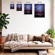Our Song Under the Stars personalized couple framed canvas of two people sitting together by the water at night under glowing string lights, with custom lyrics shaped into a heart above them and handwritten names displayed at the bottom — LOVECOUPLET