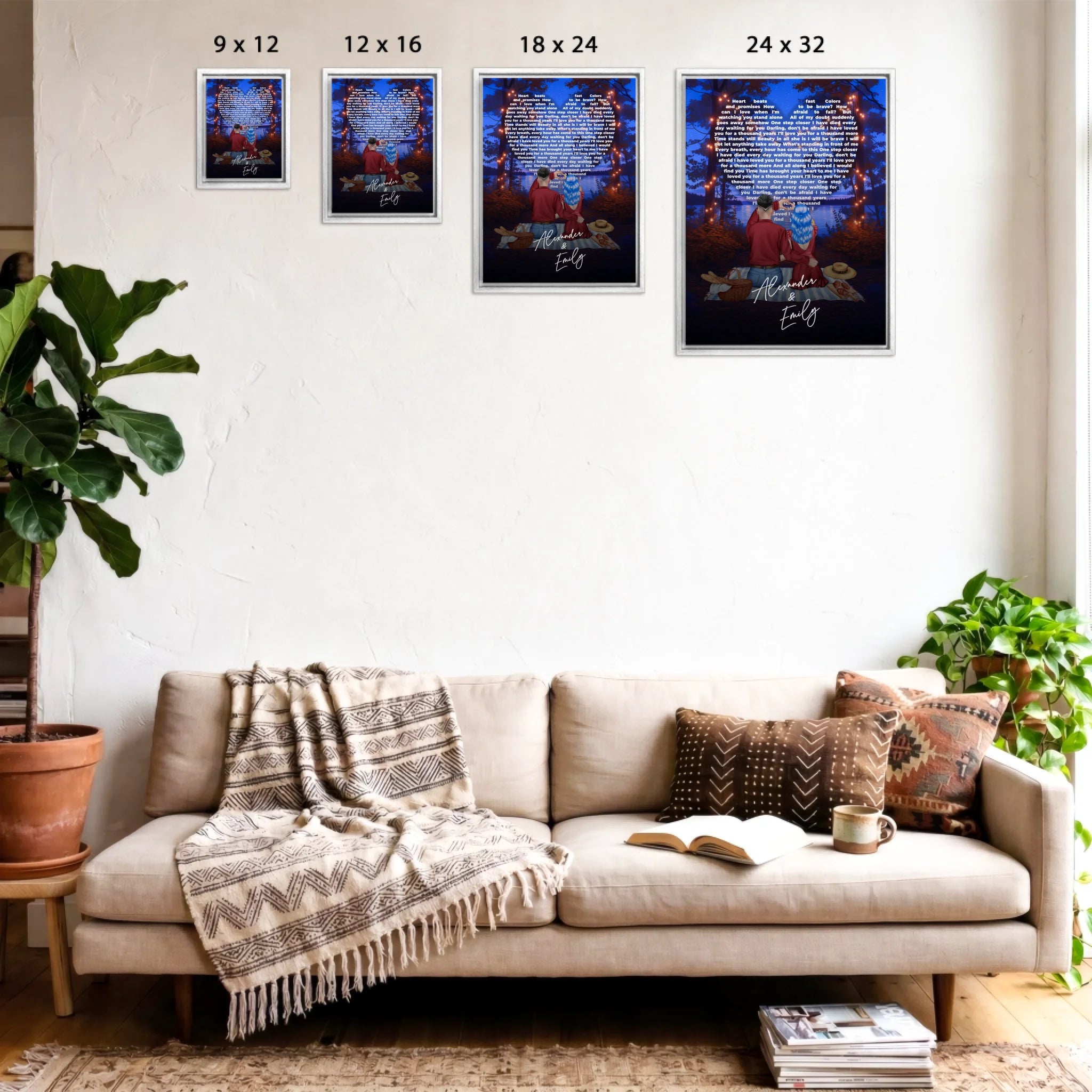 Our Song Under the Stars personalized couple framed canvas of two people sitting together by the water at night under glowing string lights, with custom lyrics shaped into a heart above them and handwritten names displayed at the bottom — LOVECOUPLET