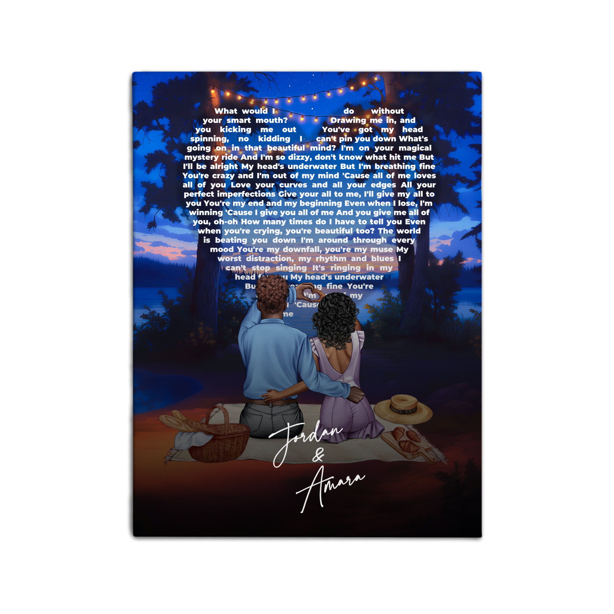 Our Song Under the Stars personalized couple canvas of two people sitting together by the water at night under glowing string lights, with custom lyrics shaped into a heart above them and handwritten names displayed at the bottom — LOVECOUPLET