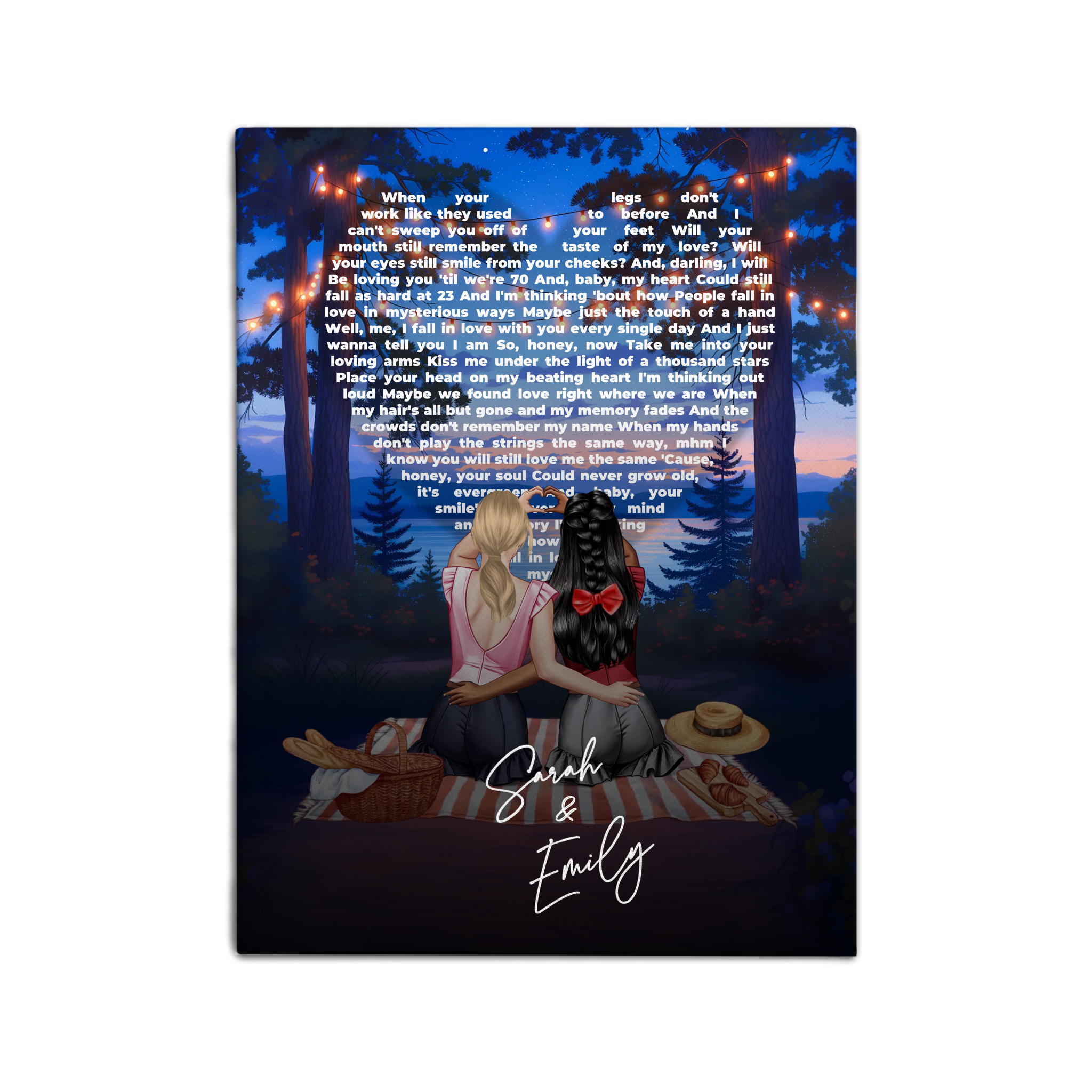 Our Song Under the Stars personalized lesbian couple canvas of two people sitting together by the water at night under glowing string lights, with custom lyrics shaped into a heart above them and handwritten names displayed at the bottom — LOVECOUPLET