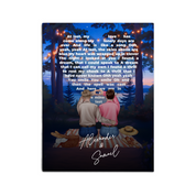 Our Song Under the Stars personalized gay couple canvas of two people sitting together by the water at night under glowing string lights, with custom lyrics shaped into a heart above them and handwritten names displayed at the bottom — LOVECOUPLET