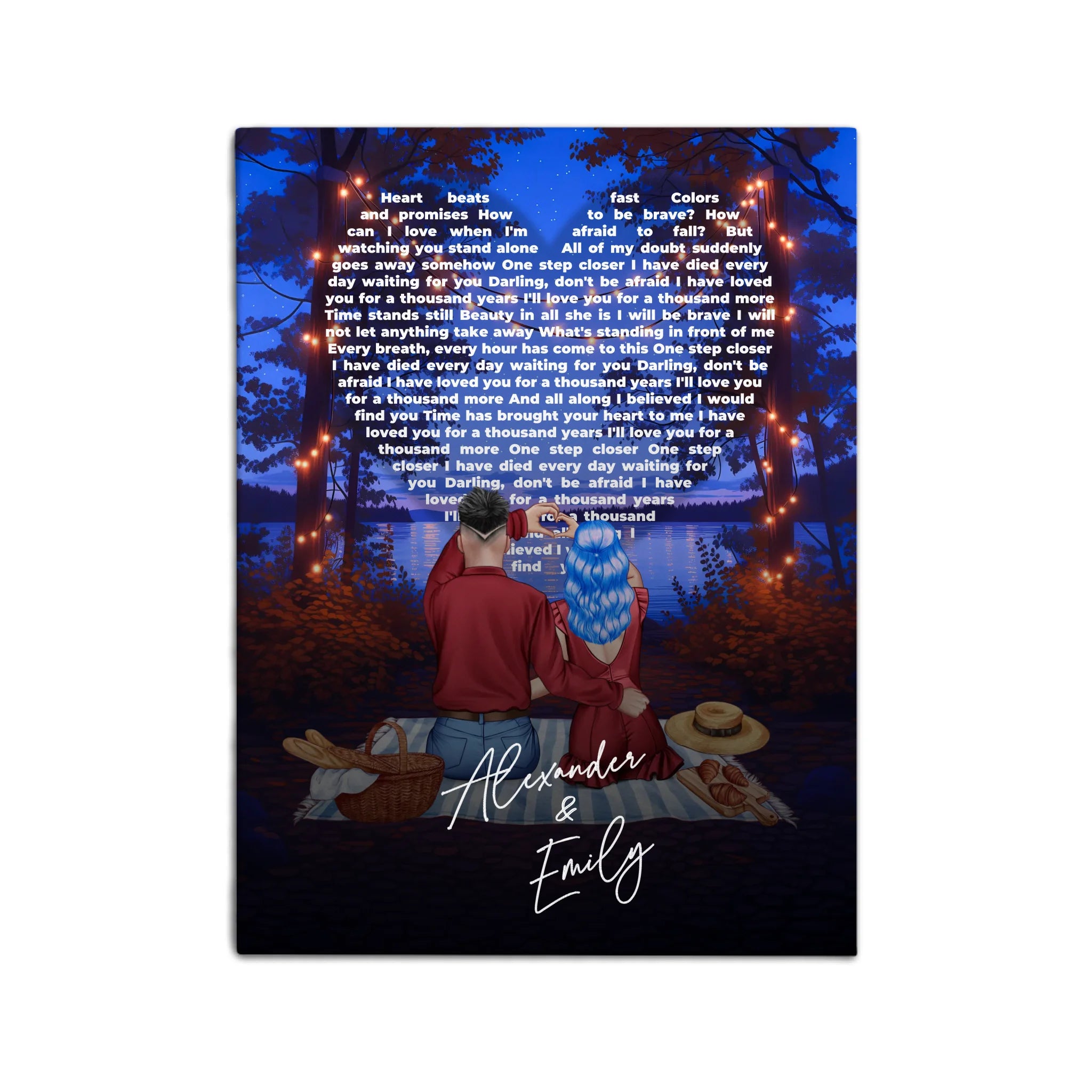 Our Song Under the Stars personalized couple canvas of two people sitting together by the water at night under glowing string lights, with custom lyrics shaped into a heart above them and handwritten names displayed at the bottom — LOVECOUPLET