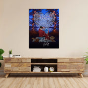 Our Song Under the Stars personalized couple canvas of two people sitting together by the water at night under glowing string lights, with custom lyrics shaped into a heart above them and handwritten names displayed at the bottom — LOVECOUPLET