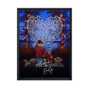 Our Song Under the Stars personalized couple framed canvas of two people sitting together by the water at night under glowing string lights, with custom lyrics shaped into a heart above them and handwritten names displayed at the bottom — LOVECOUPLET