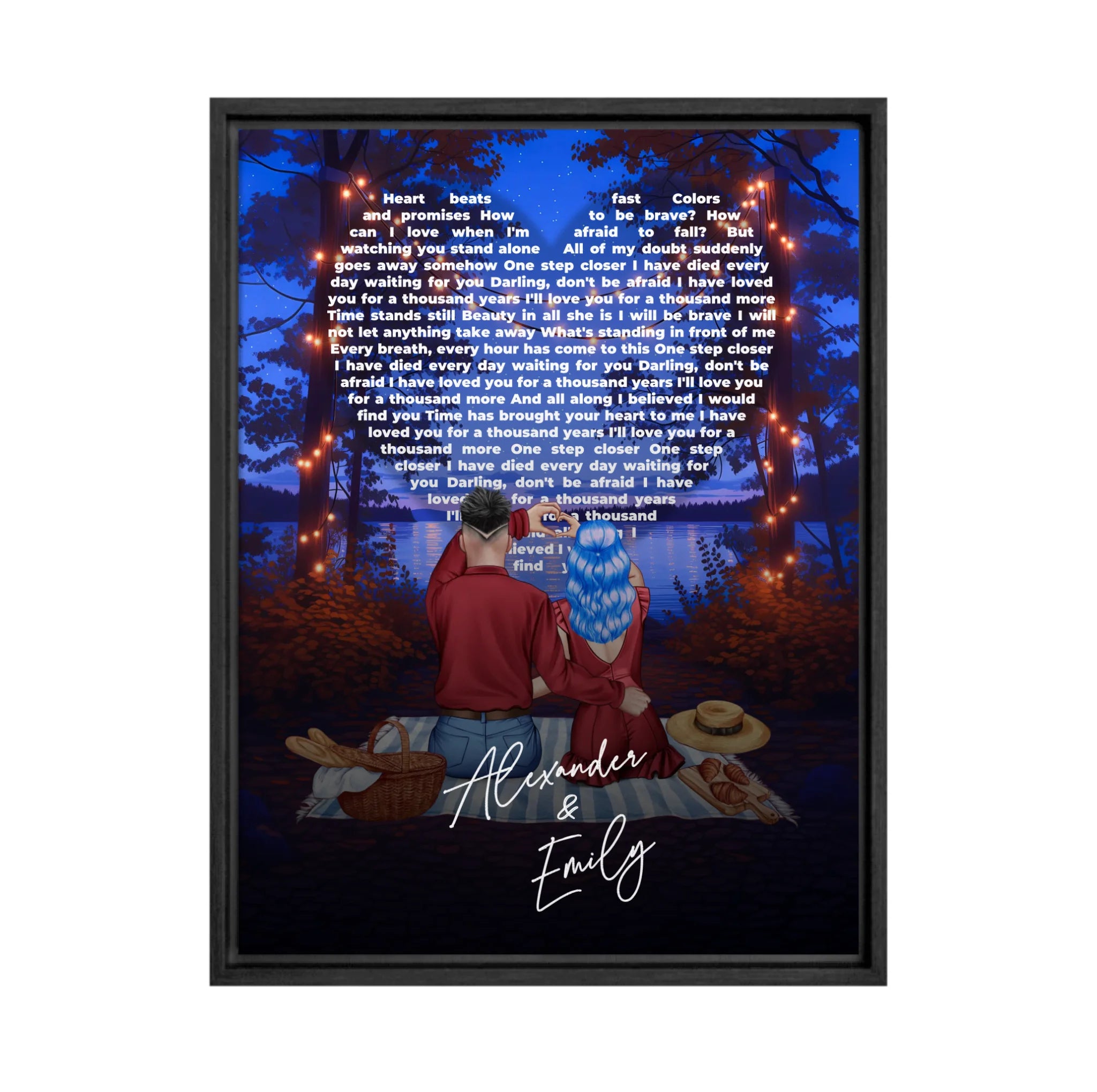 Our Song Under the Stars personalized couple framed canvas of two people sitting together by the water at night under glowing string lights, with custom lyrics shaped into a heart above them and handwritten names displayed at the bottom — LOVECOUPLET