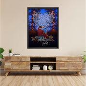 Our Song Under the Stars personalized couple framed canvas of two people sitting together by the water at night under glowing string lights, with custom lyrics shaped into a heart above them and handwritten names displayed at the bottom — LOVECOUPLET