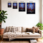 Our Song Under the Stars personalized couple framed canvas of two people sitting together by the water at night under glowing string lights, with custom lyrics shaped into a heart above them and handwritten names displayed at the bottom — LOVECOUPLET