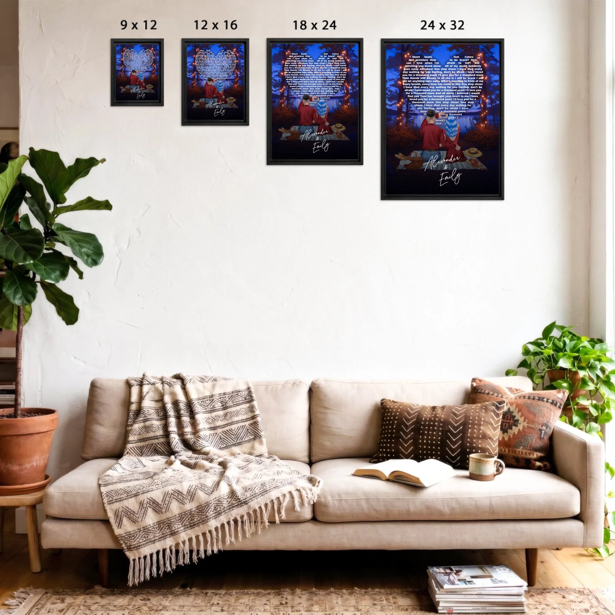 Our Song Under the Stars personalized couple framed canvas of two people sitting together by the water at night under glowing string lights, with custom lyrics shaped into a heart above them and handwritten names displayed at the bottom — LOVECOUPLET