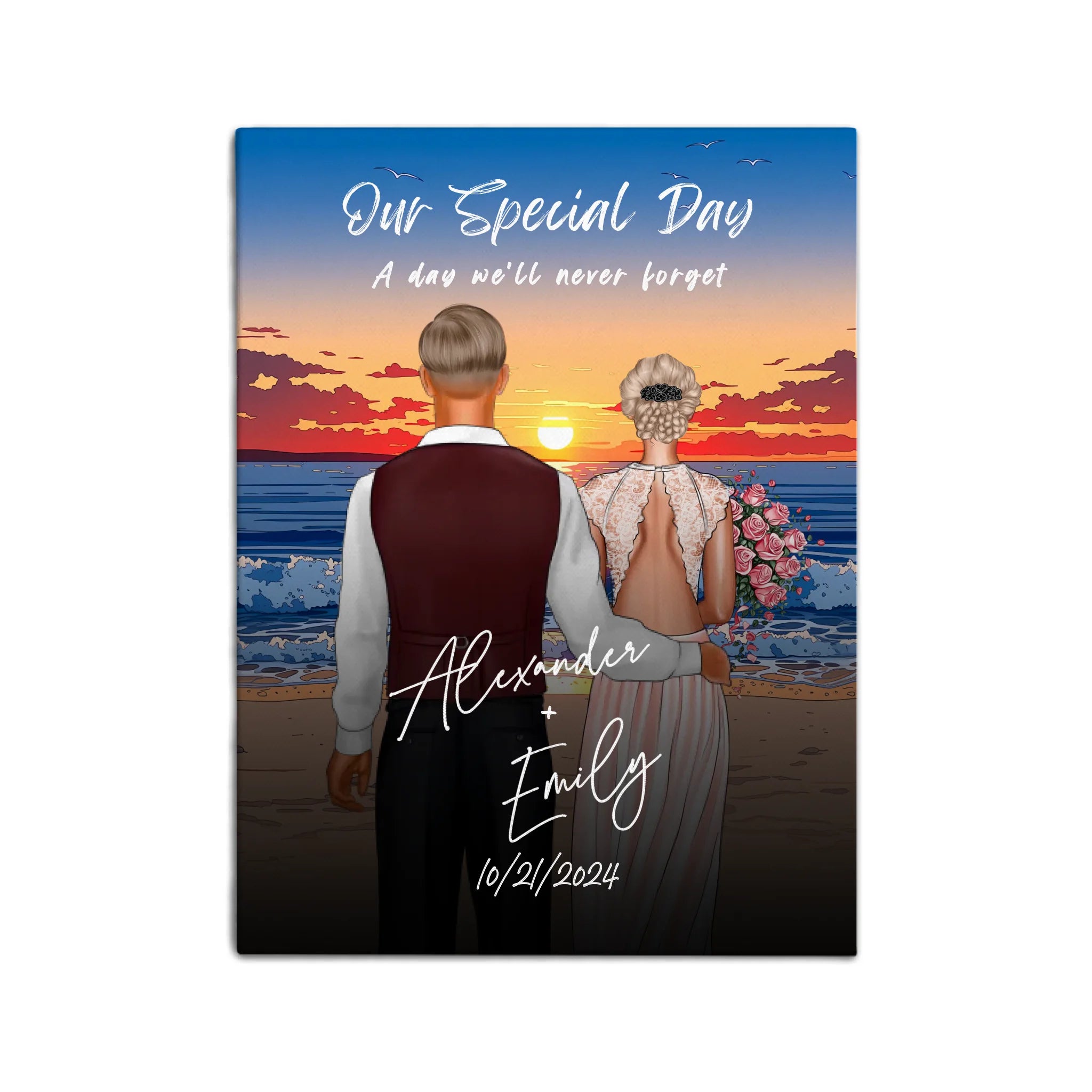 Our Special Day personalized wedding couple canvas of two people standing together on a beach at sunset, with a custom title, subtitle, handwritten names, wedding date, and personalized characters — LOVECOUPLET