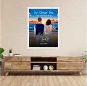 Our Special Day personalized wedding couple framed canvas of two people standing together on a beach at sunset, with a custom title, subtitle, handwritten names, wedding date, and personalized characters — LOVECOUPLET