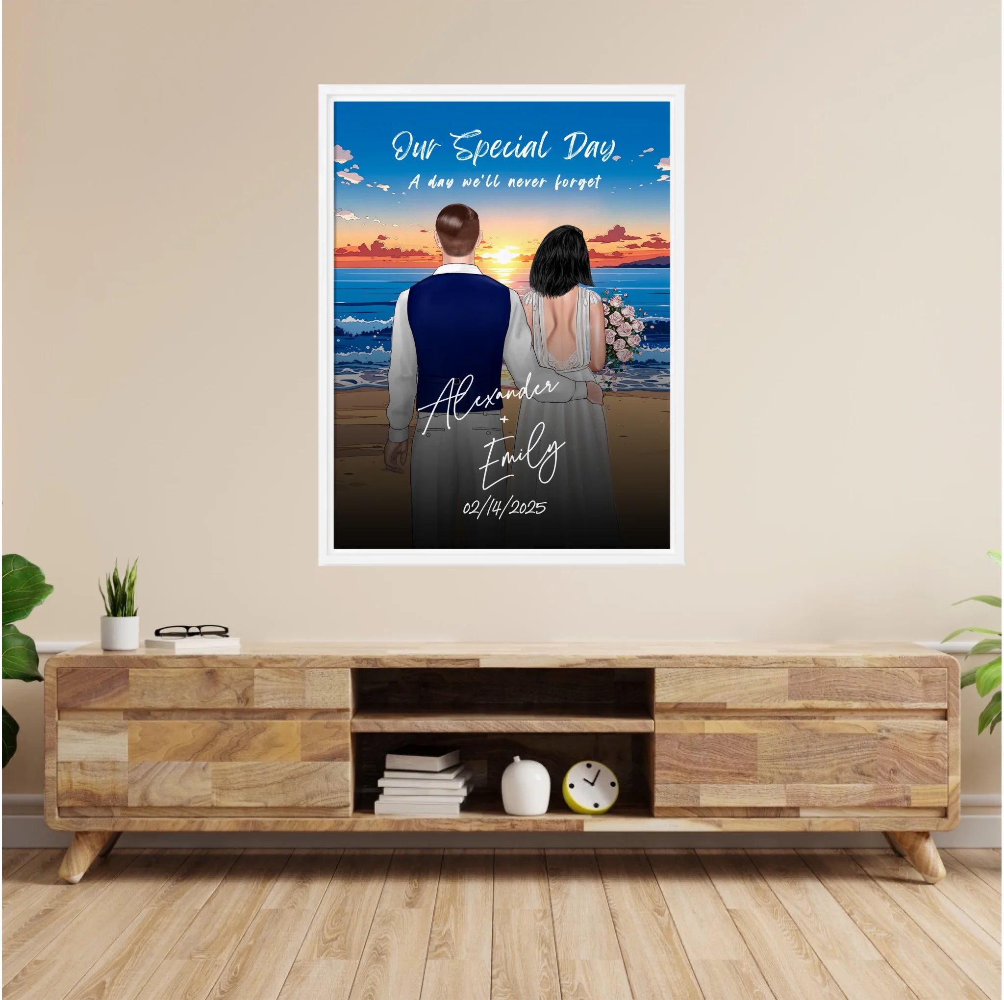Our Special Day personalized wedding couple framed canvas of two people standing together on a beach at sunset, with a custom title, subtitle, handwritten names, wedding date, and personalized characters — LOVECOUPLET