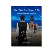 Our Special Day personalized wedding couple canvas of two people standing together on a beach at sunset, with a custom title, subtitle, handwritten names, wedding date, and personalized characters — LOVECOUPLET