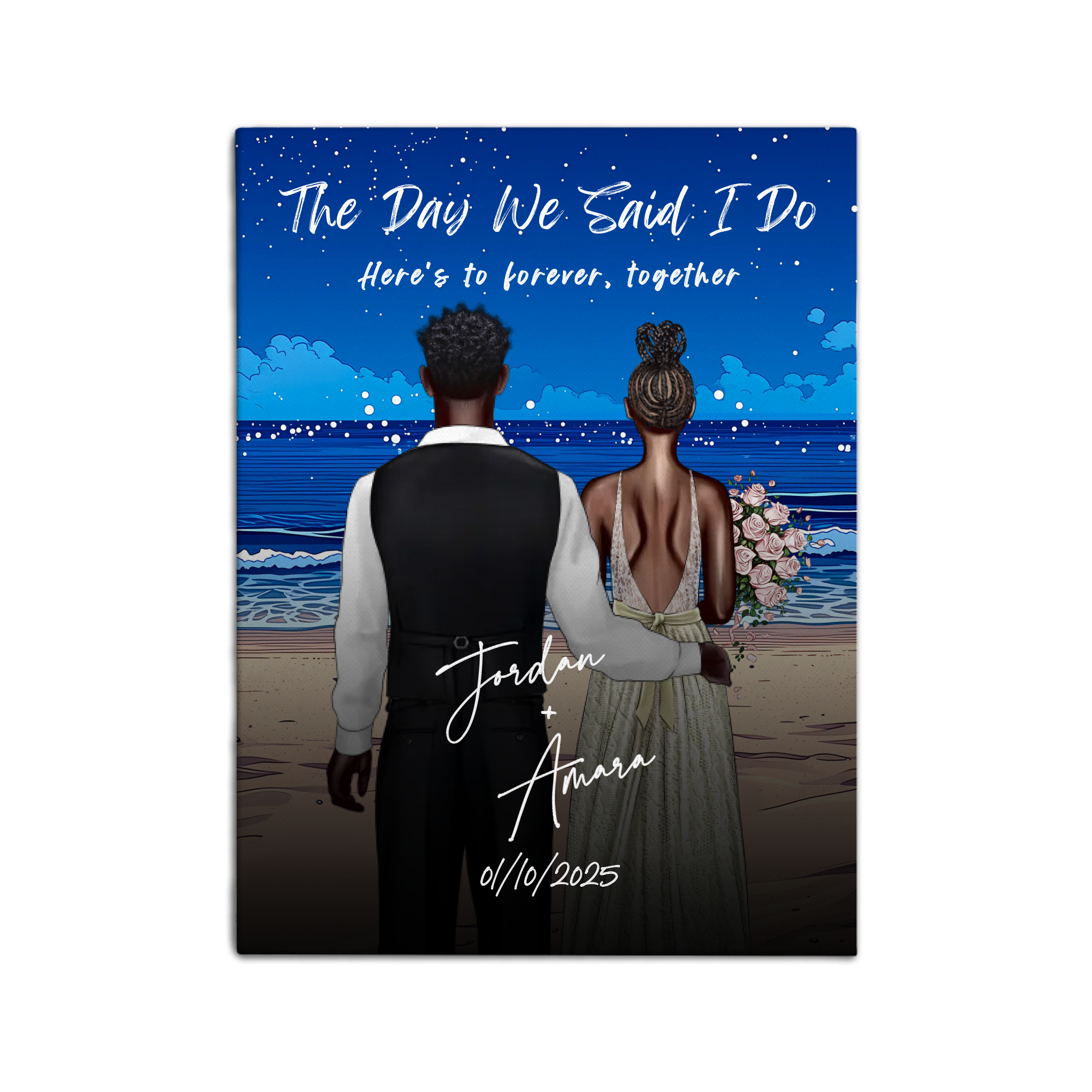 Our Special Day personalized wedding couple canvas of two people standing together on a beach at sunset, with a custom title, subtitle, handwritten names, wedding date, and personalized characters — LOVECOUPLET