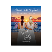 Our Special Day personalized lesbian wedding couple canvas of two people standing together on a beach at sunset, with a custom title, subtitle, handwritten names, wedding date, and personalized characters — LOVECOUPLET