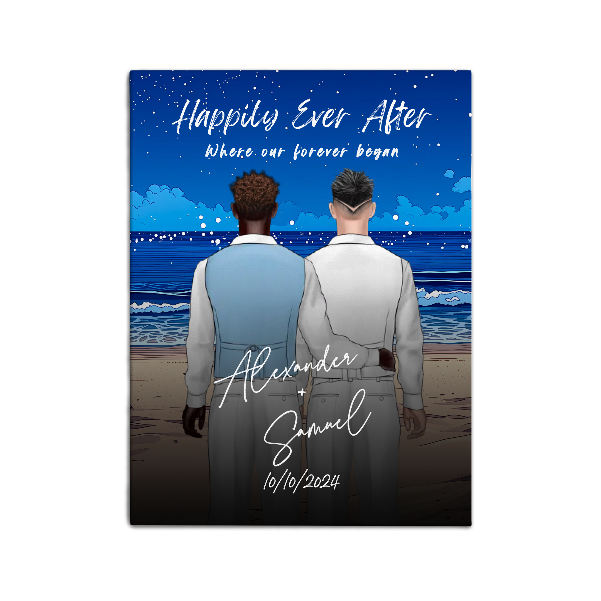 Our Special Day personalized gay wedding couple canvas of two people standing together on a beach at sunset, with a custom title, subtitle, handwritten names, wedding date, and personalized characters — LOVECOUPLET
