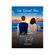Our Special Day personalized wedding couple canvas of two people standing together on a beach at sunset, with a custom title, subtitle, handwritten names, wedding date, and personalized characters — LOVECOUPLET