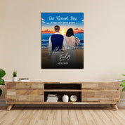 Our Special Day personalized wedding couple canvas of two people standing together on a beach at sunset, with a custom title, subtitle, handwritten names, wedding date, and personalized characters — LOVECOUPLET