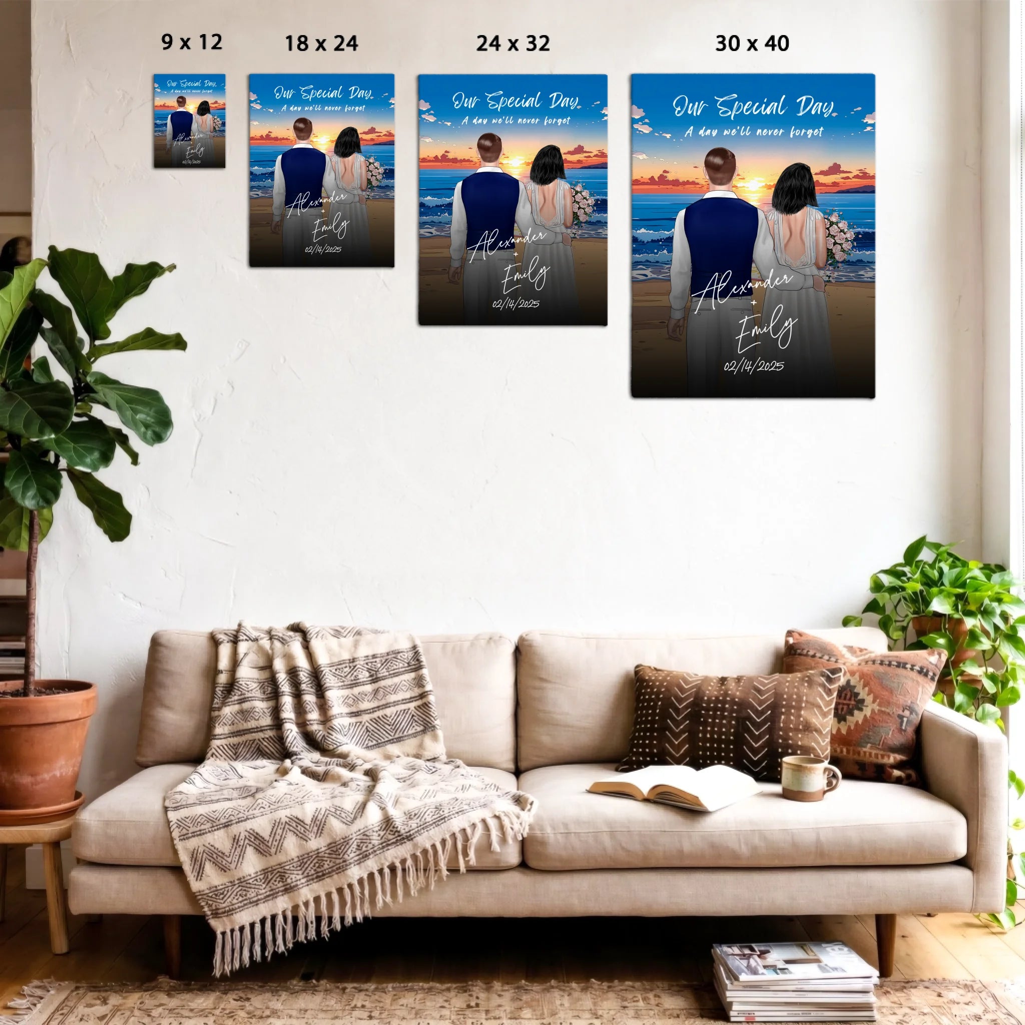 Our Special Day personalized wedding couple canvas of two people standing together on a beach at sunset, with a custom title, subtitle, handwritten names, wedding date, and personalized characters — LOVECOUPLET