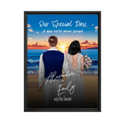 Our Special Day personalized wedding couple framed canvas of two people standing together on a beach at sunset, with a custom title, subtitle, handwritten names, wedding date, and personalized characters — LOVECOUPLET