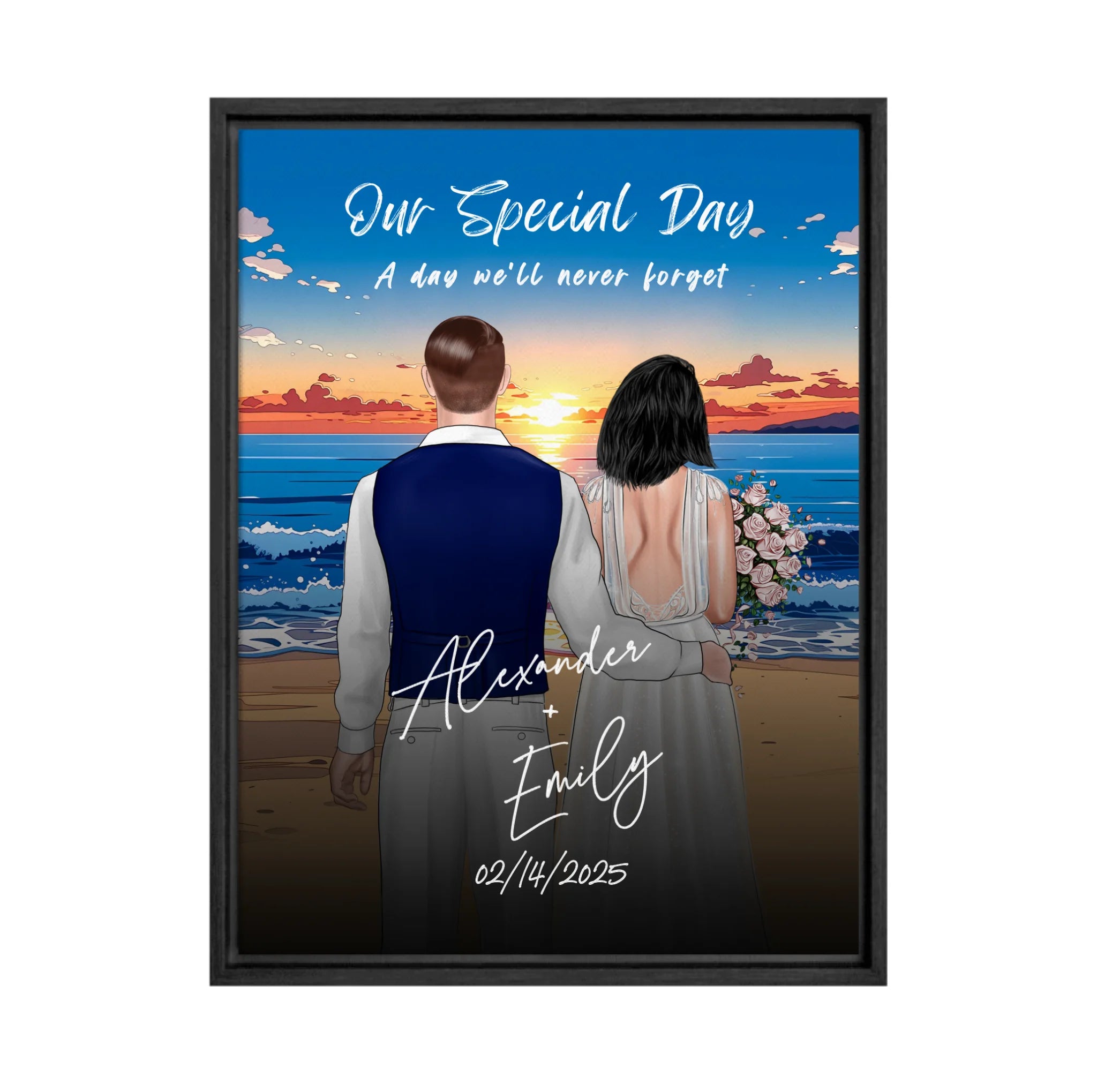 Our Special Day personalized wedding couple framed canvas of two people standing together on a beach at sunset, with a custom title, subtitle, handwritten names, wedding date, and personalized characters — LOVECOUPLET