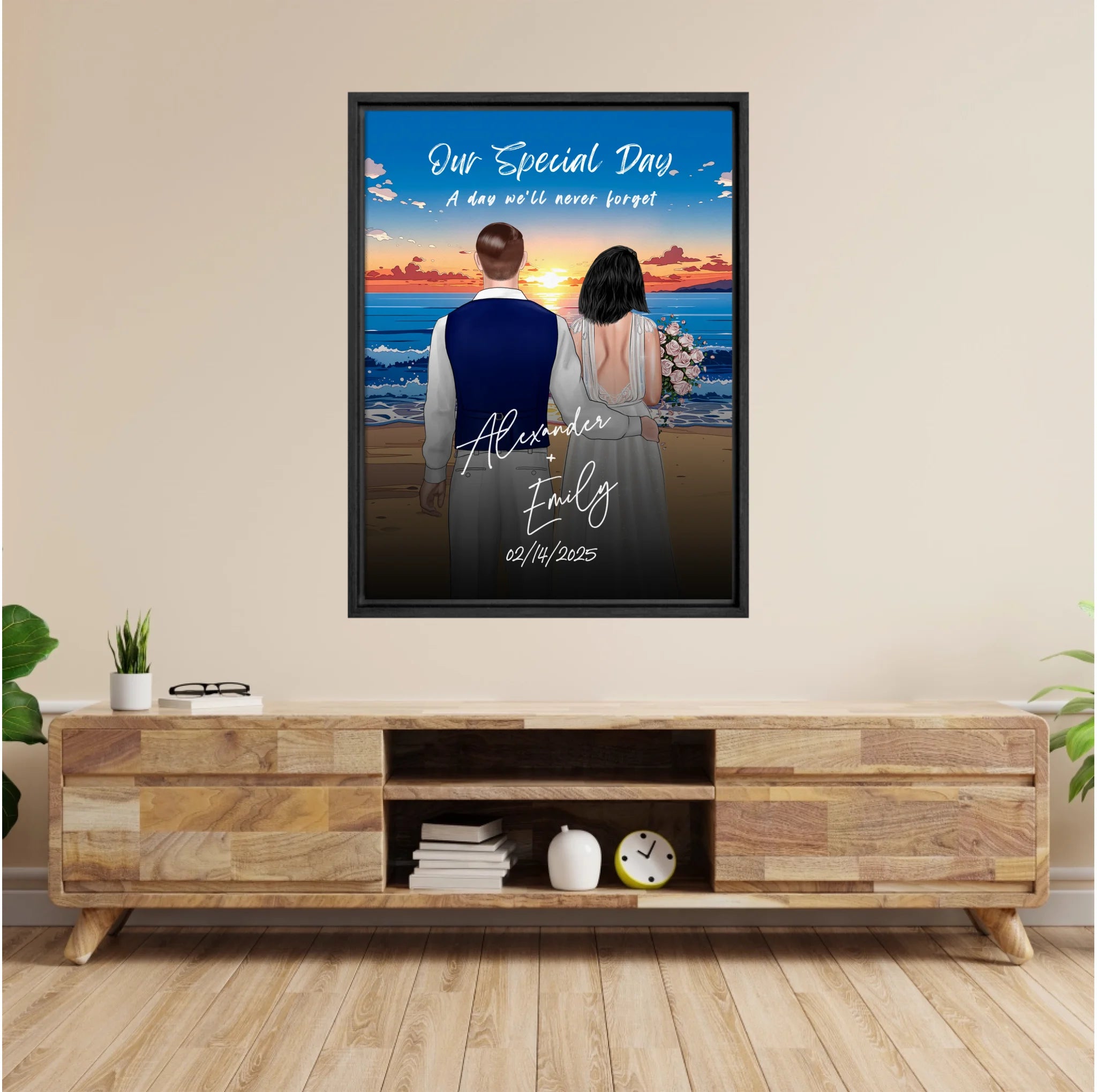 Our Special Day personalized wedding couple framed canvas of two people standing together on a beach at sunset, with a custom title, subtitle, handwritten names, wedding date, and personalized characters — LOVECOUPLET