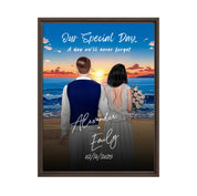 Our Special Day personalized wedding couple framed canvas of two people standing together on a beach at sunset, with a custom title, subtitle, handwritten names, wedding date, and personalized characters — LOVECOUPLET
