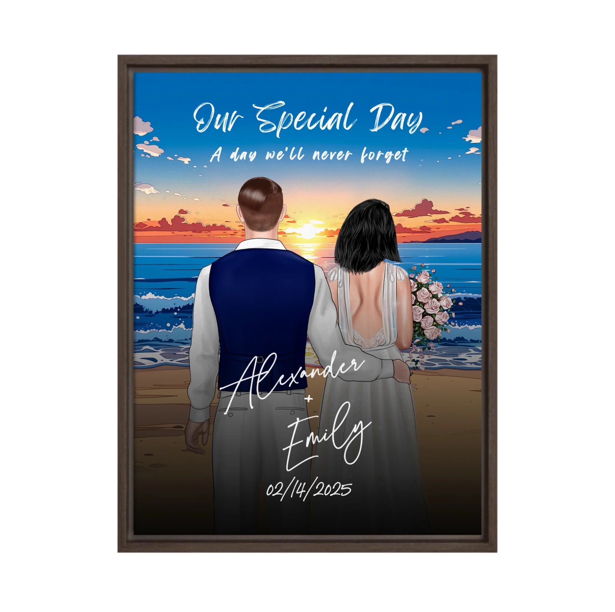 Our Special Day personalized wedding couple framed canvas of two people standing together on a beach at sunset, with a custom title, subtitle, handwritten names, wedding date, and personalized characters — LOVECOUPLET