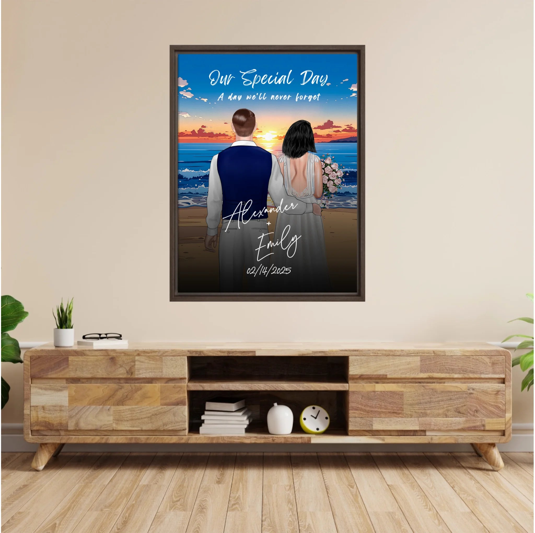 Our Special Day personalized wedding couple framed canvas of two people standing together on a beach at sunset, with a custom title, subtitle, handwritten names, wedding date, and personalized characters — LOVECOUPLET