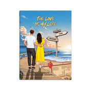 Personalized couple canvas of a man and woman walking a sunset boardwalk, with a wooden signpost showing custom names and date, plus a custom location map and GPS coordinates built into the shore — LOVECOUPLET