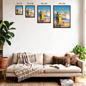 Personalized couple Framed canvas of a man and woman walking a sunset boardwalk, with a wooden signpost showing custom names and date, plus a custom location map and GPS coordinates built into the shore — LOVECOUPLET