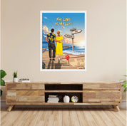 Personalized couple Framed canvas of a man and woman walking a sunset boardwalk, with a wooden signpost showing custom names and date, plus a custom location map and GPS coordinates built into the shore — LOVECOUPLET
