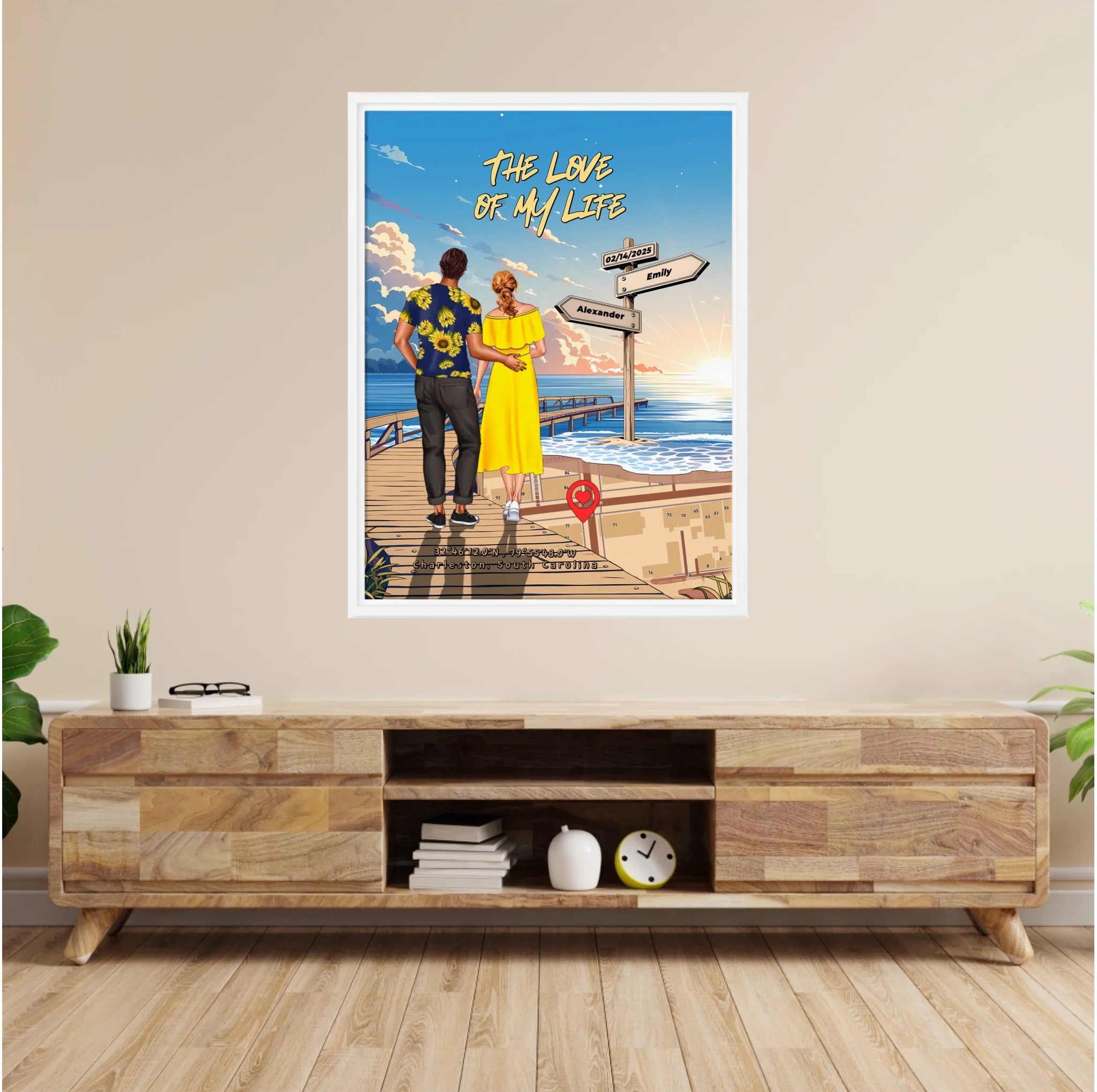 Personalized couple Framed canvas of a man and woman walking a sunset boardwalk, with a wooden signpost showing custom names and date, plus a custom location map and GPS coordinates built into the shore — LOVECOUPLET
