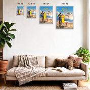 Personalized couple Framed canvas of a man and woman walking a sunset boardwalk, with a wooden signpost showing custom names and date, plus a custom location map and GPS coordinates built into the shore — LOVECOUPLET